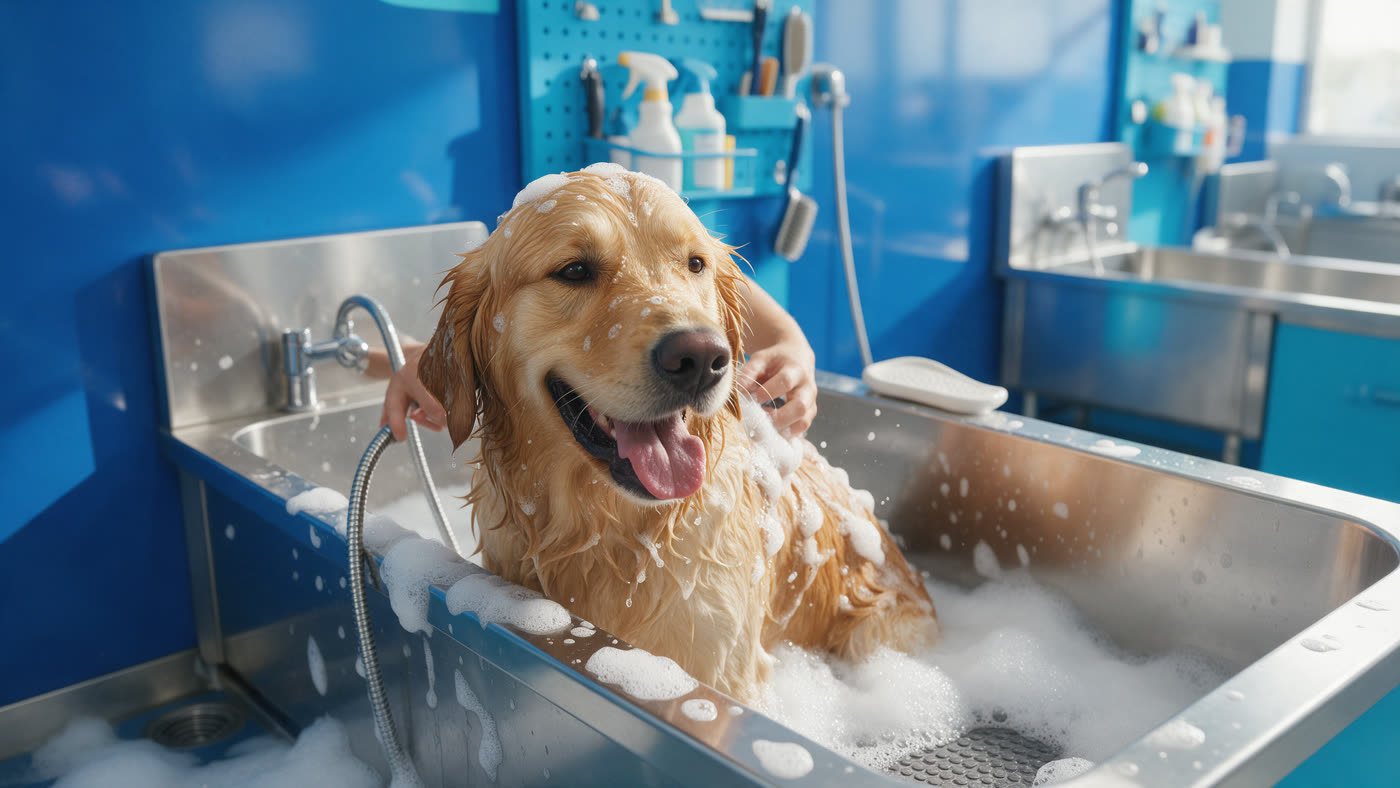 Cachorro feliz tomando banho