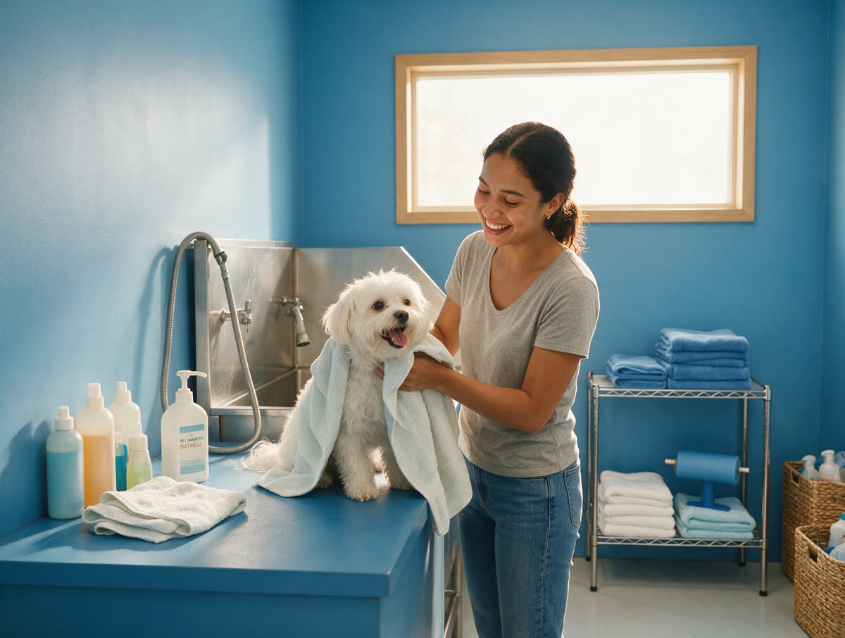 Tutora secando o cachorro depois do banho
